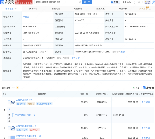 银川股票配资 设研院、中国中铁等成立河南汝嵩高速公路公司
